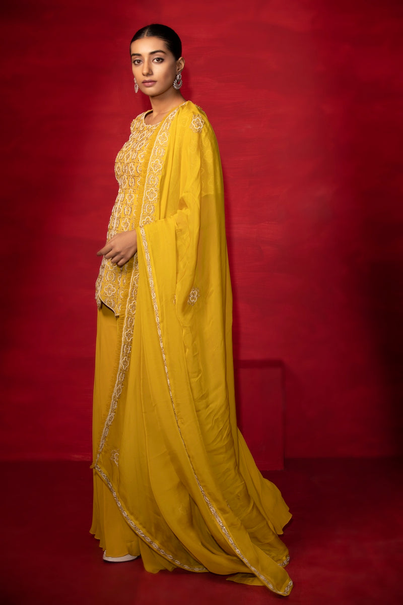 Yellow georgette embroidered kurta garara set