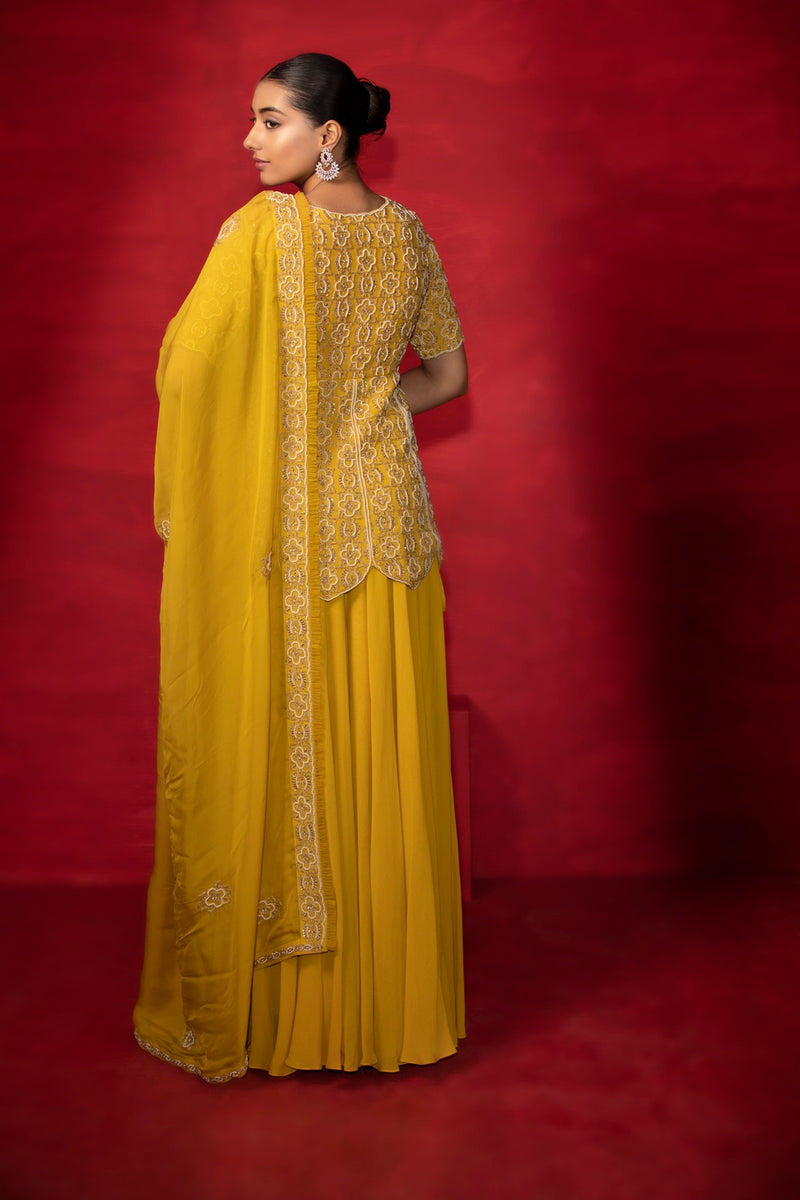 Yellow georgette embroidered kurta garara set
