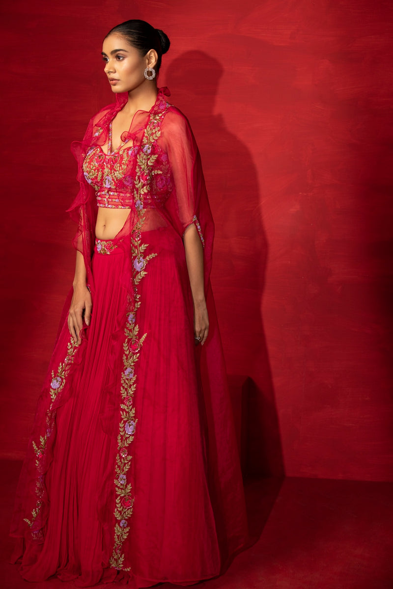 Embroidered corset lehenga with cape