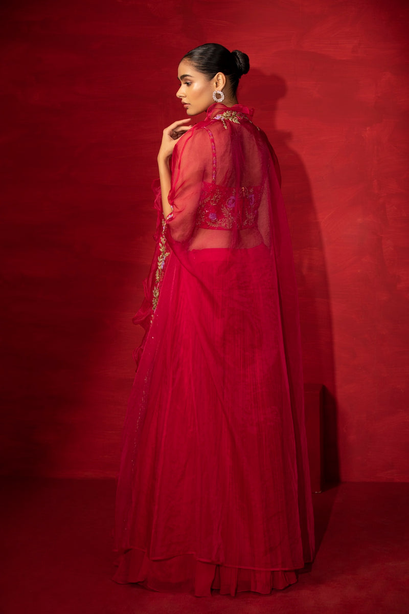 Embroidered corset lehenga with cape