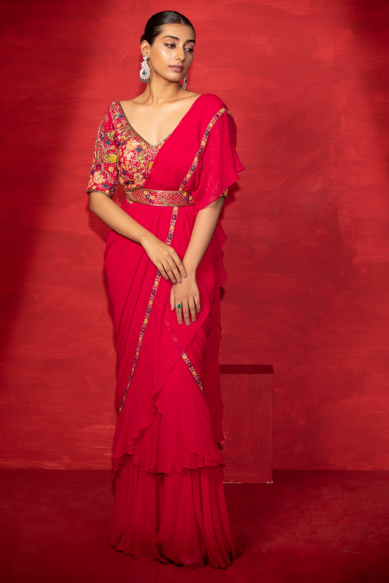 Ruffle saree with embroidered blouse and belt