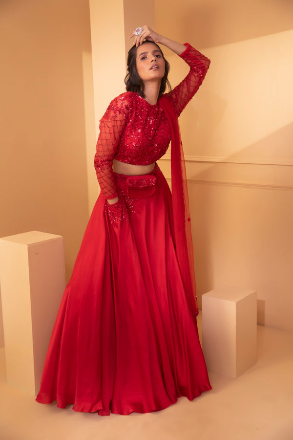 Pleadis red embroidered lehenga set