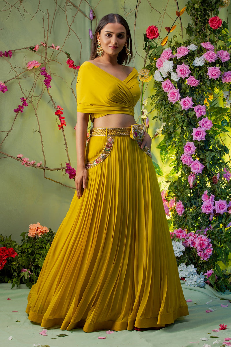 Yellow Embroidered Skirt Set With Belt Bag