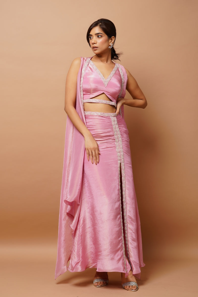 PINK SHIMMER DRAPED SKIRT SET