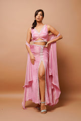 PINK SHIMMER DRAPED SKIRT SET