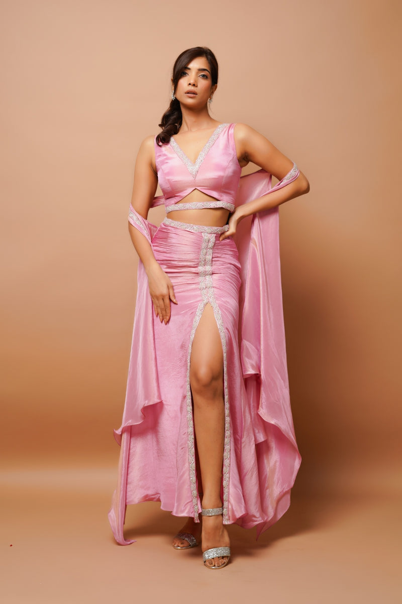 PINK SHIMMER DRAPED SKIRT SET