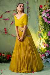 Yellow Embroidered Skirt Set With Belt Bag