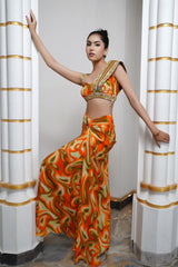 ORANGE MULTICOLOR ABSTRACT DRAPE SKIRT SET