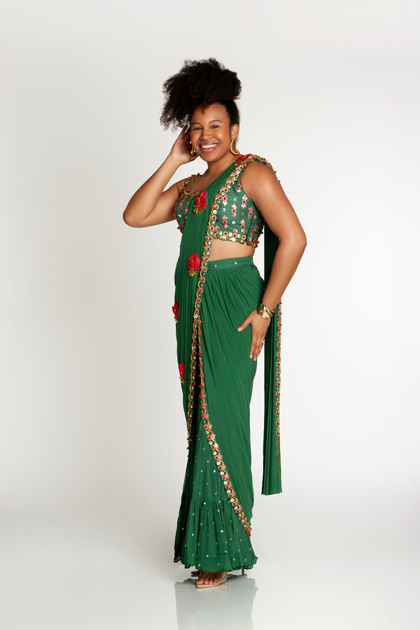 Green hand embroidered sharara pant sari | Ready to Ship