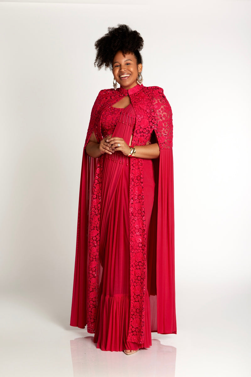 Jaina Pink pre-draped sari and cape | Ready to Ship