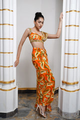 ORANGE MULTICOLOR ABSTRACT DRAPE SKIRT SET