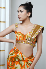 ORANGE MULTICOLOR ABSTRACT DRAPE SKIRT SET