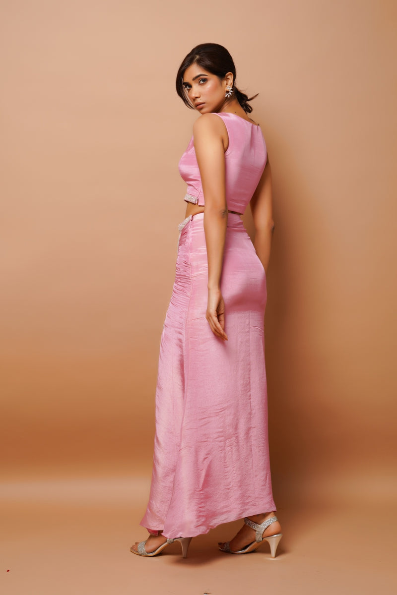 PINK SHIMMER DRAPED SKIRT SET