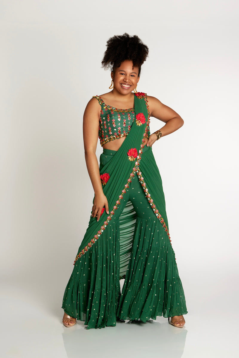 Green hand embroidered sharara pant sari | Ready to Ship