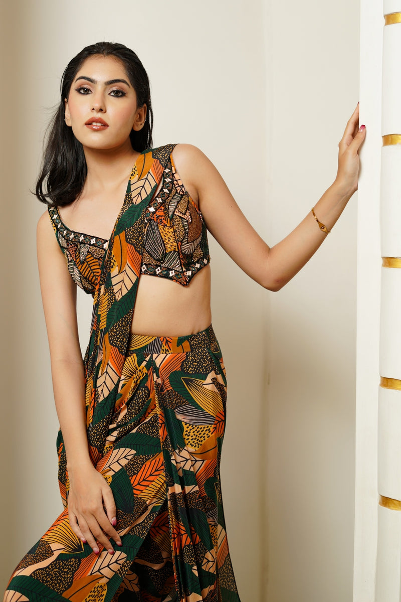 LEAF PRINT DRAPE SAREE WITH BRALETTE