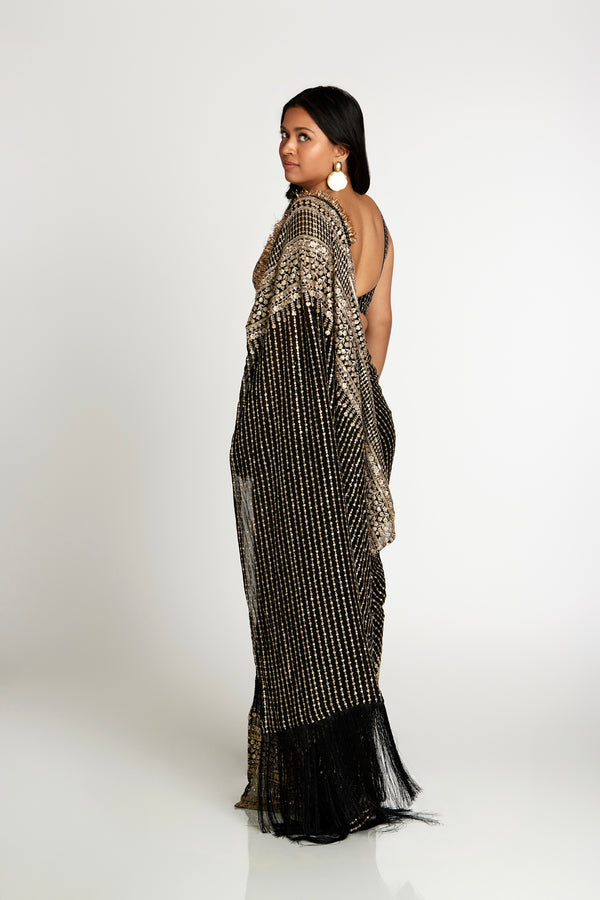 Black and Gold Pre-Draped Sari Gown | Ready to Ship