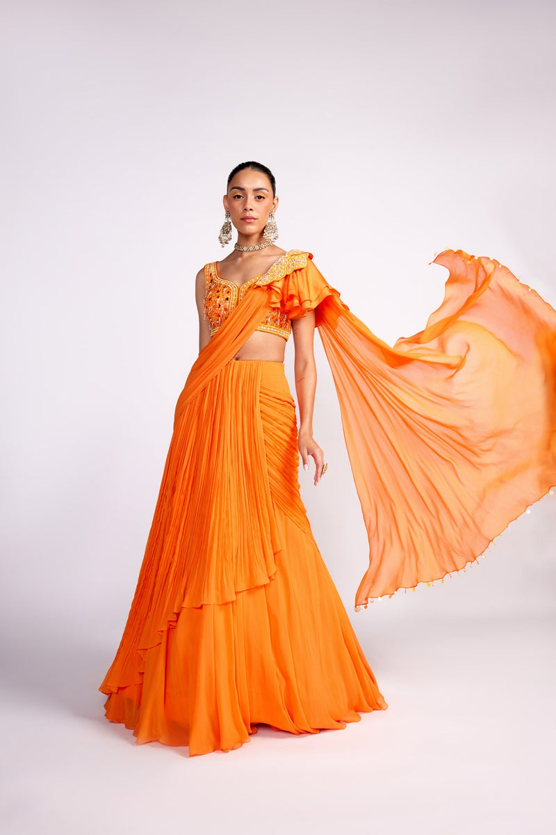 Tangerine orange embroidered drape saree set