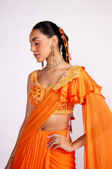 Tangerine orange embroidered drape saree set