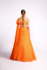 Tangerine orange embroidered drape saree set