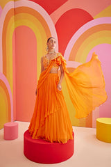 Tangerine orange embroidered drape saree set