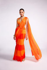 Tangerine orange color block pre drape saree set