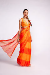Tangerine orange color block pre drape saree set
