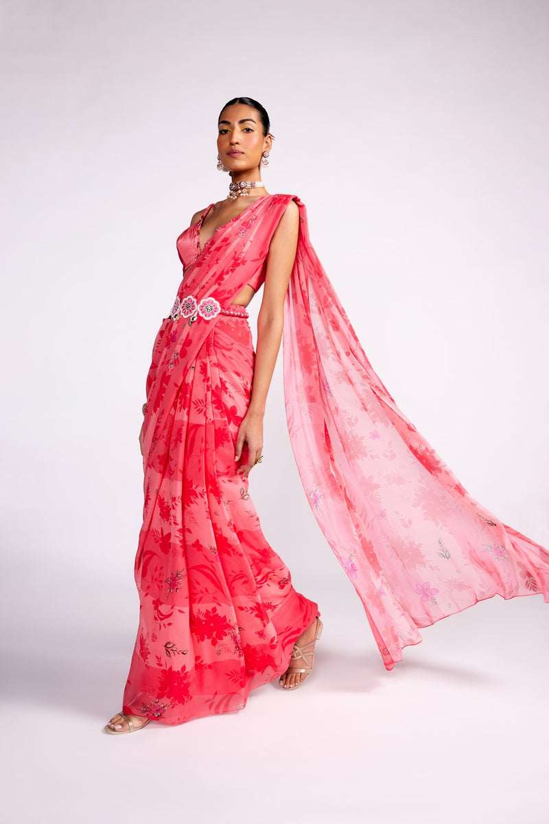 Watermelon pink pre drape saree set – VERVE & VOGUE