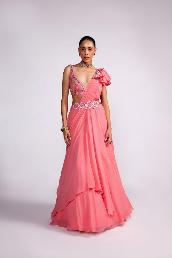 Watermelon pink drape saree set