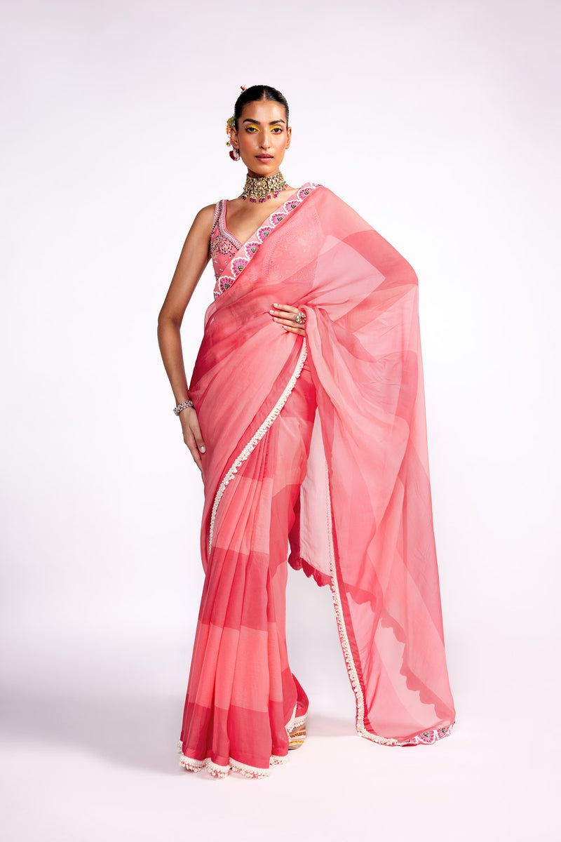 Pink color block color block saree