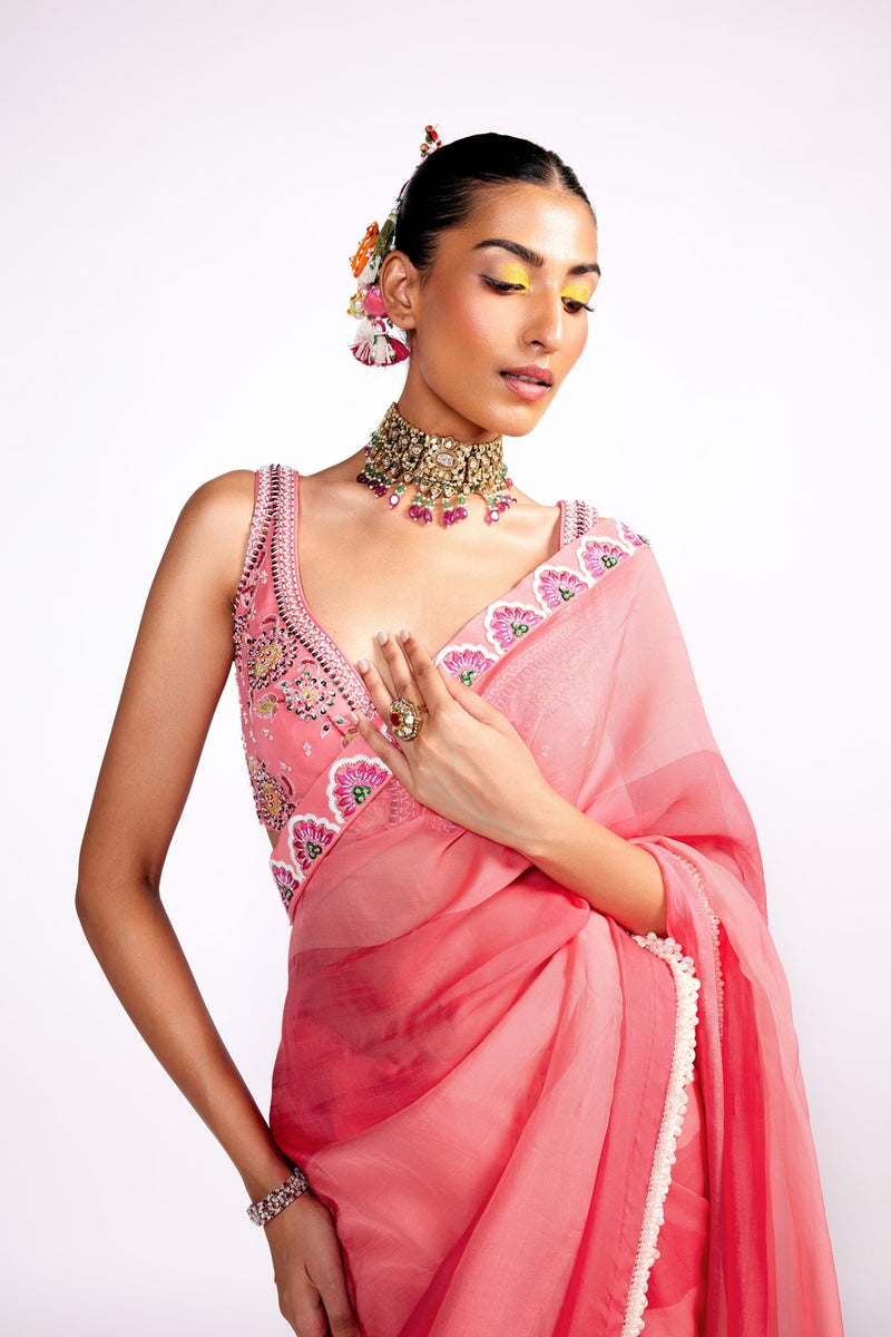 Pink color block color block saree