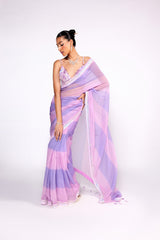 Lilac color block embroidered organza saree set