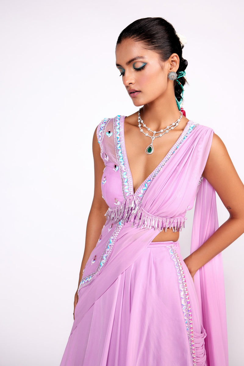 Lilac embroidered drape saree set