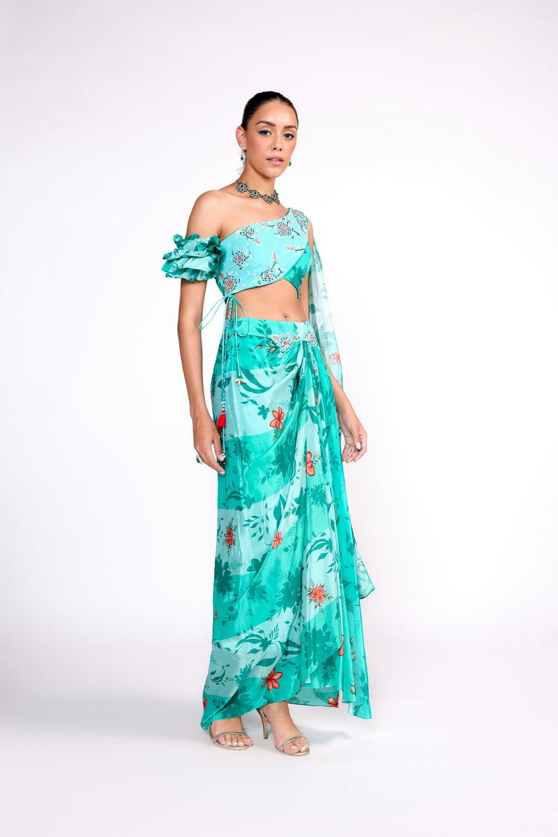 Aqua green drape skirt set