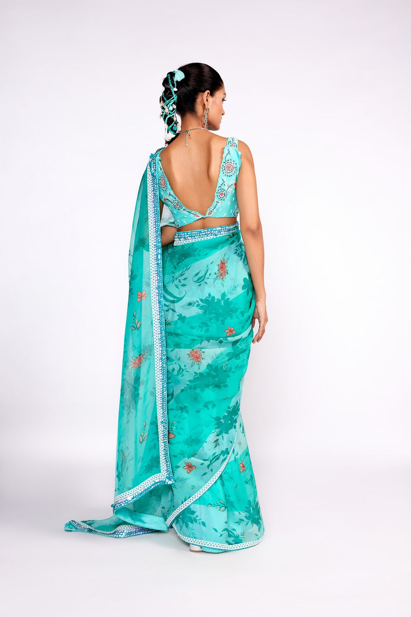 Aqua green embroidered saree set