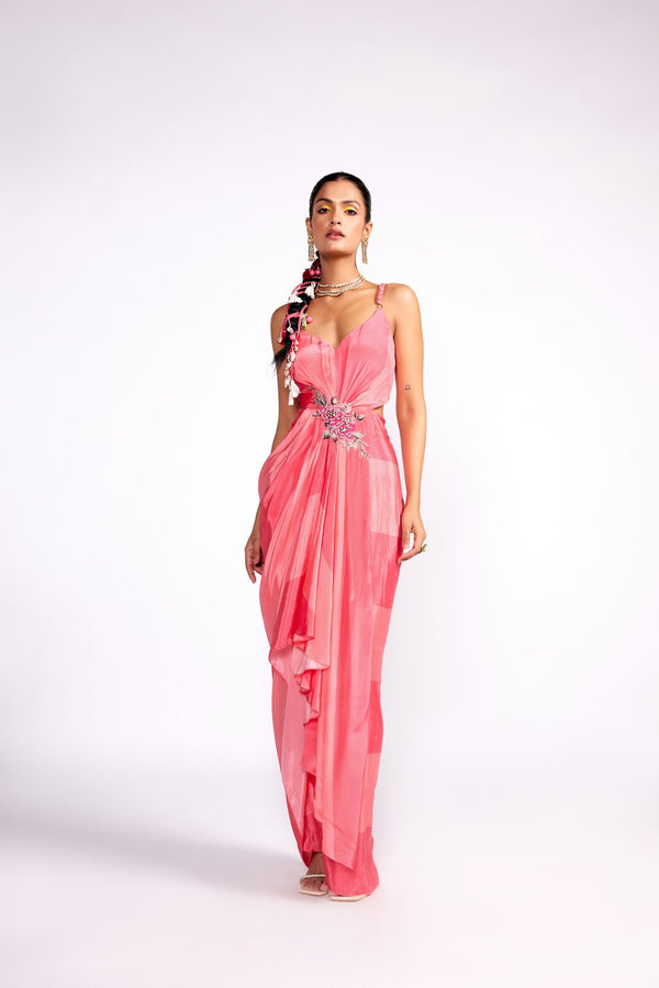 Flamingo pink color block drape dress