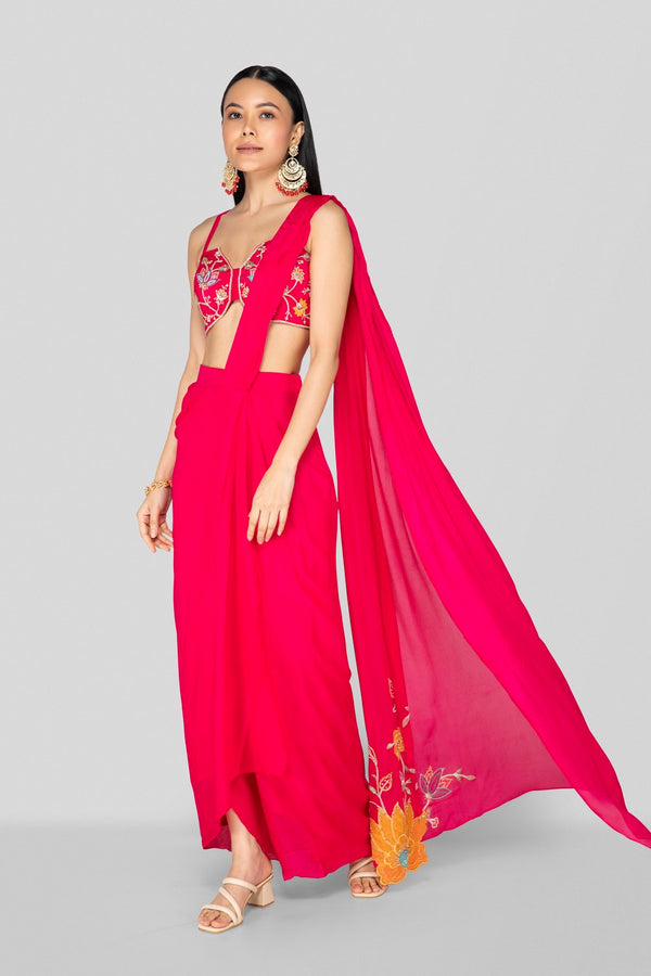 Hot Pink Applique Saree Set
