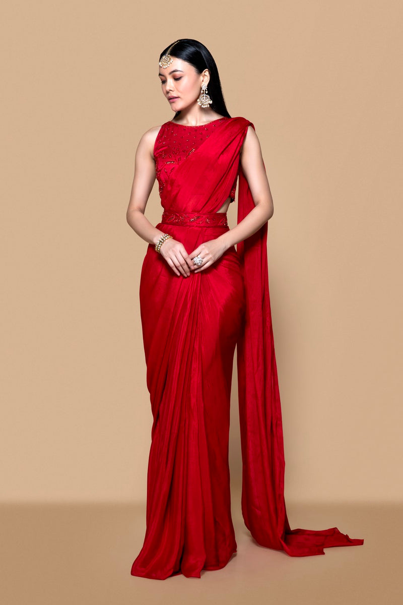 Red Pre Drape Saree Set With Blouse