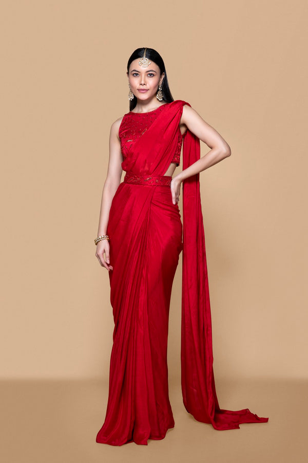 Red Pre Drape Saree Set With Blouse