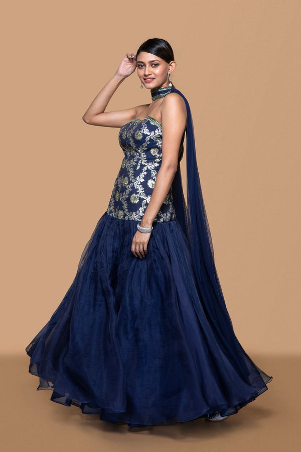Blue Embroidered Brocade Dress With Dupatta