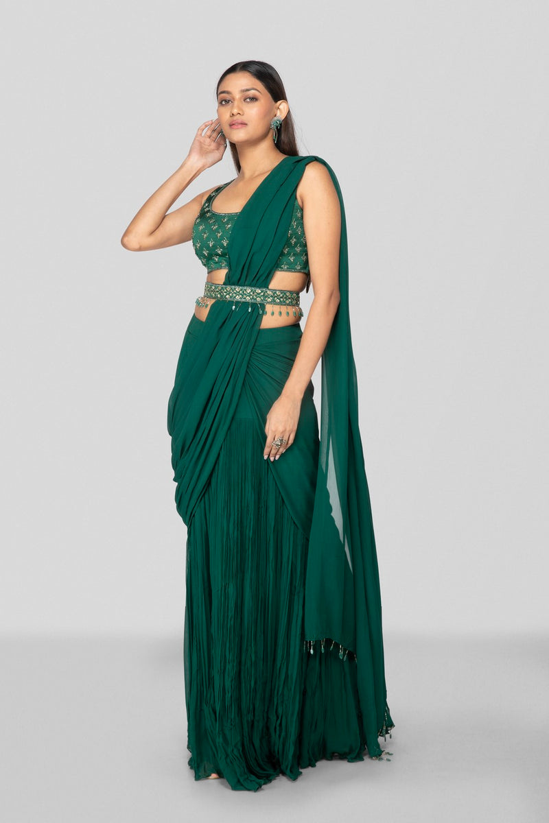 Emerald Green Pre Drape Saree With Blouse