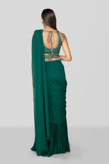 Emerald Green Pre Drape Saree With Blouse