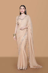 Fawn Mirror Work Pre Drape Saree With Blouse