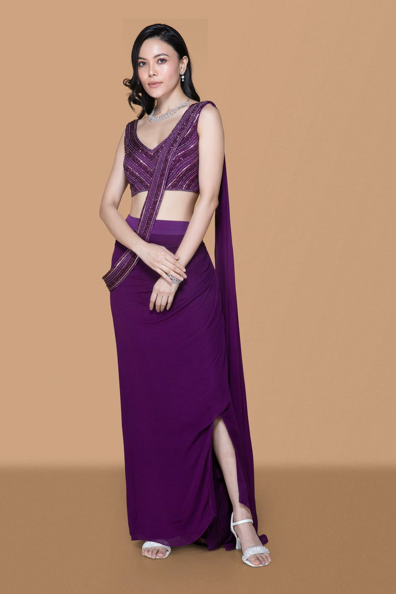 Deep Purple Pre Drape Saree