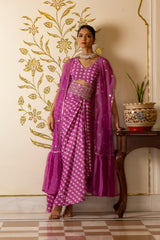 Purple printed cut-out dress with organza shrug