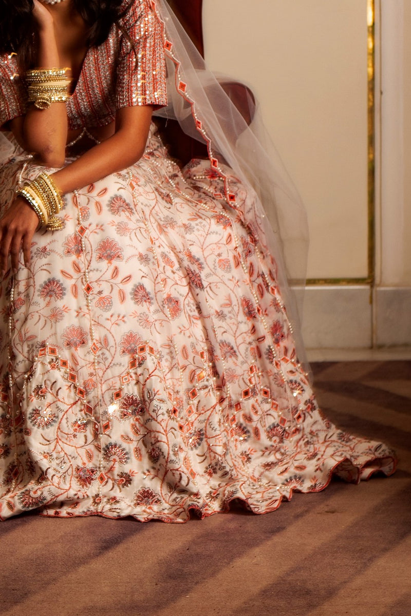 White and peach organza lehenga set