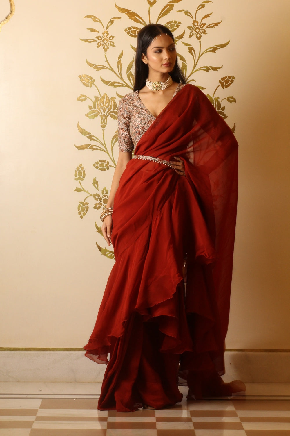 Grey Paper Dolls Organza Printed And Embellished Ruffle Saree And Blou –  Studio East6