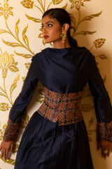 Cowl neck anarkali long dress with corset belt