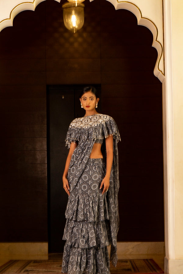 Blue printed skirt saree set