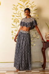 Blue printed skirt and cape set