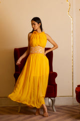 Yellow dress with corset belt